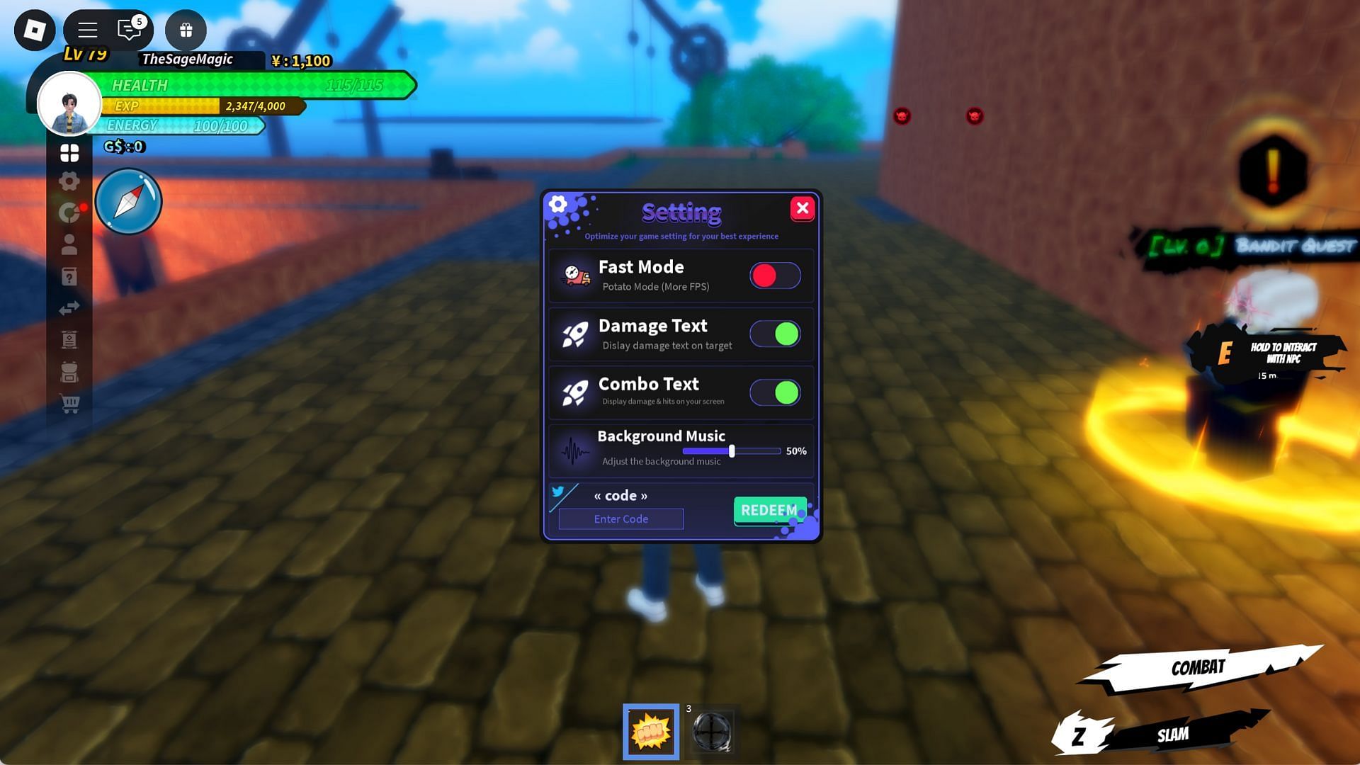 Redeem codes here (Image via Roblox)